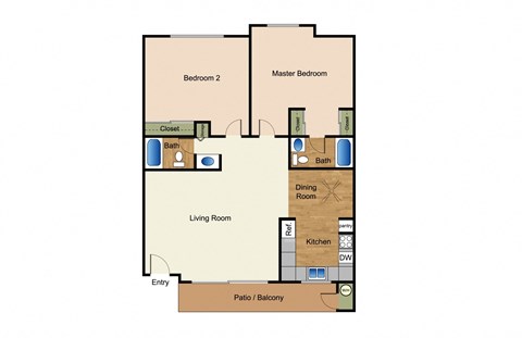 Two bedrooms two bathrooms apartment floorplan